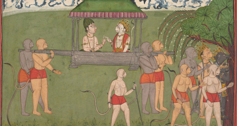 Lakshmana_and_the_monkey_king_Sugriva_are_conversing_in_a_palanquin_carried_by_four_monkeys_to_offer_allegiance_to_Rama_Ramayan-desibantu